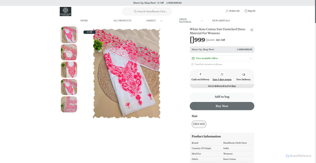Security scan screenshot of https://handloomclothstore.com/White-Kota-Cotton-Suit-Unstiched-Dress-Material-For-Womens/catalogue/WFkgaBix/w9oGtWqp