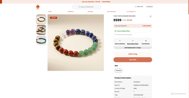 Security scan screenshot of https://shriaaum.store/Tara-Yantra-Beads-Bracelet/catalogue/b5gEf-YY/SPdjXQ-f