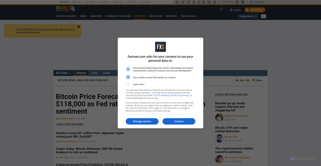 Security scan screenshot of https://www.fxstreet.com/cryptocurrencies/bitcoin