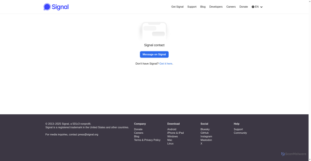 Security scan screenshot of https://signal.me/#p/+15873155093