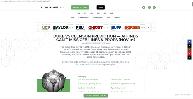 Security scan screenshot of https://leans.ai/cfb/game-preview/2025-11-01/duke-blue-devils-vs-clemson-tigers/