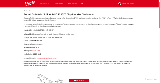 Security scan screenshot of https://www.milwaukeetool.com/news/press-releases/recall-and-safety-notice-m18-fuel-top-handle-chainsaw