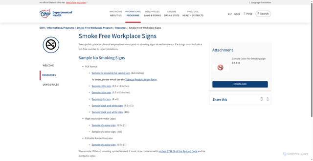 Security scan screenshot of https://odh.ohio.gov/know-our-programs/smoke-free-workplace-program/resources/Smoke-Free-Worplace-Signs