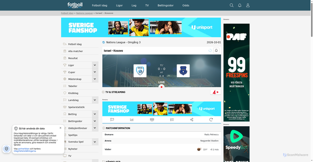 Security scan screenshot of https://www.fotboll.com/match/israel-kosovo-19676727
