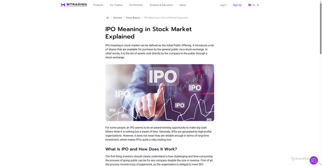Security scan screenshot of https://mtrading.com/education/articles/forex-basics/ipo-meaning-stock-market-explained