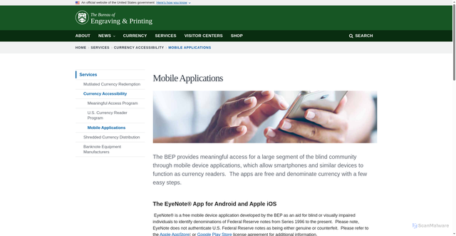 Security scan screenshot of https://www.bep.gov/services/currency-accessibility/mobile-applications