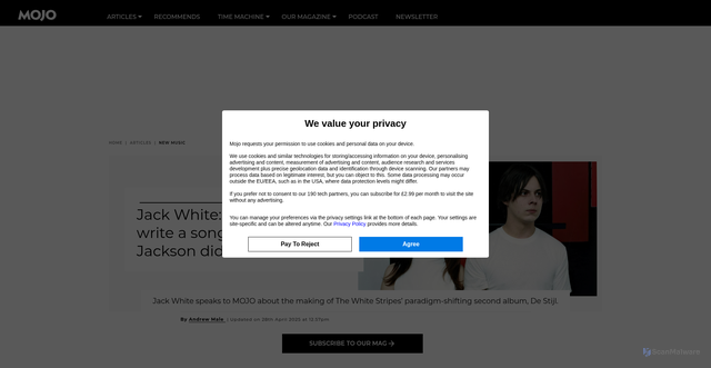 Security scan screenshot of https://www.mojo4music.com/articles/new-music/jack-white-i-wanted-to-write-a-song-the-way-michael-jackson-did/
