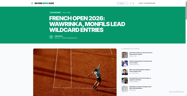 Security scan screenshot of https://secondserveaces.com/articles/french-open-2026-wildcards-wawrinka-monfils-williams-rune-update