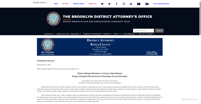 Security scan screenshot of https://www.brooklynda.org/2026/05/11/fifteen-alleged-members-of-coney-island-based-gangs-charged-with-numerous-shootings-across-brooklyn/