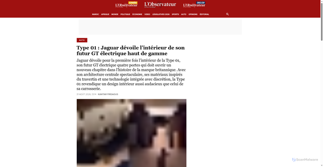 Security scan screenshot of https://lobservateur.info/article/119376/auto/type-01-jaguar-devoile-linterieur-de-son-futur-gt-electrique-haut-de-gamme