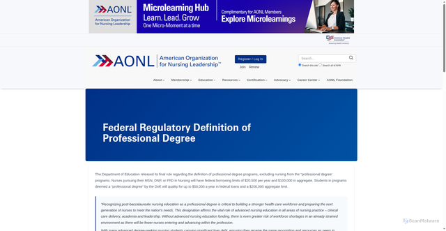 Security scan screenshot of https://www.aonl.org/advocacy-issues/federal-regulatory-definition-professional-degree