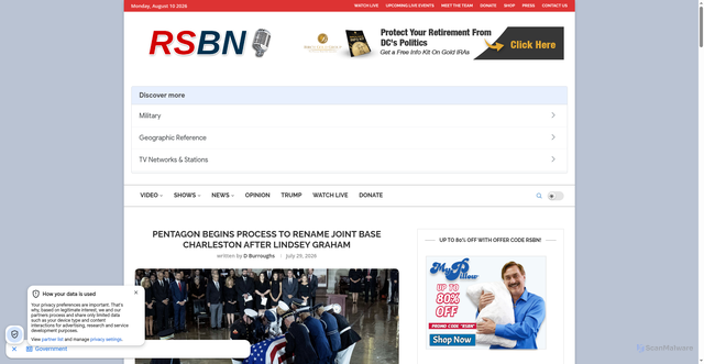 Security scan screenshot of https://www.rsbnetwork.com/news/pentagon-begins-process-to-rename-joint-base-charleston-after-lindsey-graham/