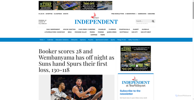 Security scan screenshot of https://yourvalley.net/stories/booker-scores-28-and-wembanyama-has-off-night-as-suns-hand-spurs-their-first-loss-130-118,630592