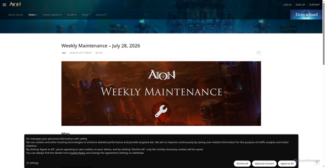 Security scan screenshot of https://aiononline.plaync.com/en-us/board/livenotice/view?articleId=6a624a95628e957dc7782b21