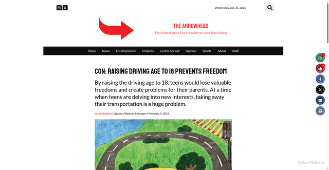 Security scan screenshot of https://thearrowheadonline.com/3857/opinion/con-raising-driving-age-to-18-prevents-freedom/