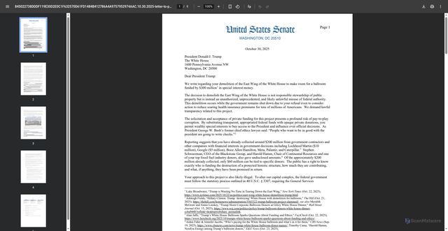 Security scan screenshot of https://www.epw.senate.gov/public/_cache/files/6/1/613810bd-25f9-4673-a4e6-020a83d37379/845022738DDDF119E30D2E0C1F632570D61FD1484B412786A4A9757952974AAC.10.30.2025-letter-to-president-trump-re-white-house-ballroom.pdf