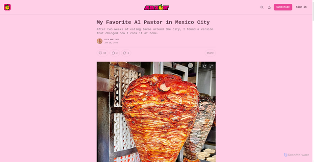 Security scan screenshot of https://chefrickmartinez.substack.com/p/my-favorite-al-pastor-in-mexico-city