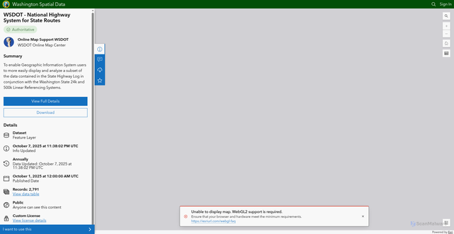 Security scan screenshot of https://geo.wa.gov/maps/WSDOT::wsdot-national-highway-system-for-state-routes