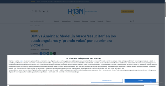 Security scan screenshot of https://h13n.com/dim-vs-america-medellin-busca-resucitar-en-cuadrangular-a/