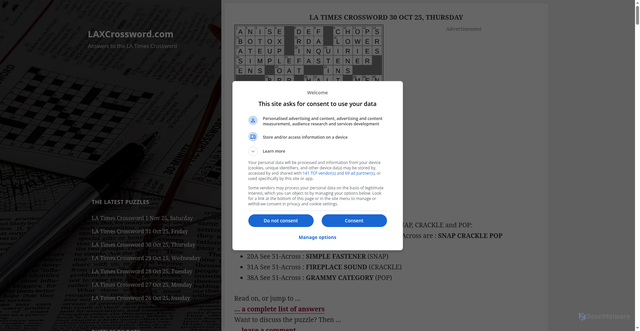 Security scan screenshot of https://laxcrossword.com/2025/10/la-times-crossword-30-oct-25-thursday.html