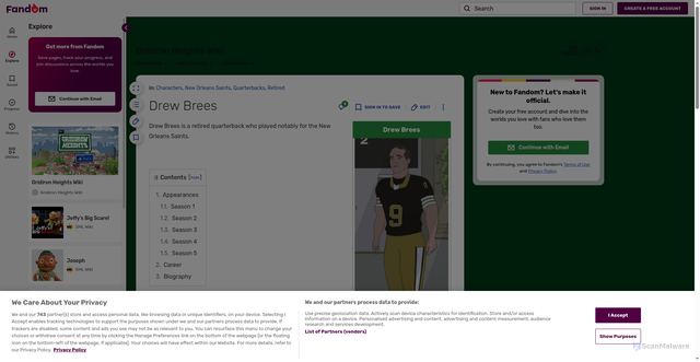 Security scan screenshot of https://gridironheights.fandom.com/wiki/Drew_Brees