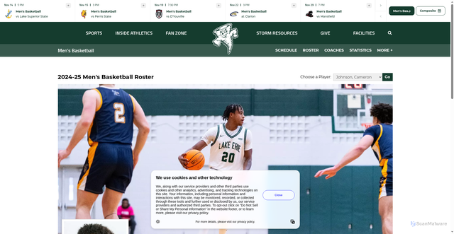 Security scan screenshot of https://lakeeriestorm.com/sports/mens-basketball/roster/cameron-johnson/7713