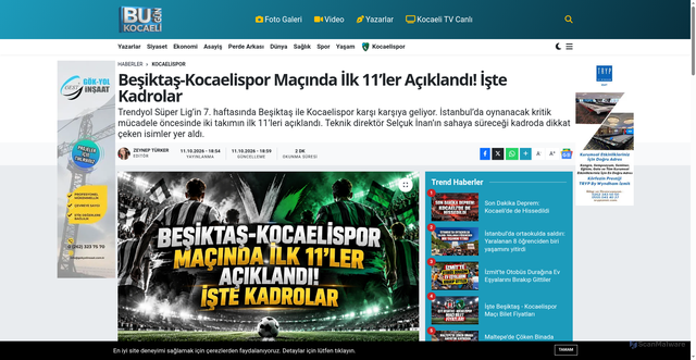 Security scan screenshot of https://www.bugunkocaeli.com.tr/besiktas-kocaelispor-macinda-ilk-11ler-aciklandi-iste-kadrolar