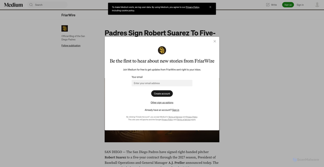 Security scan screenshot of https://padres.mlblogs.com/padres-sign-robert-suarez-to-five-year-contract-8bf235ab2519