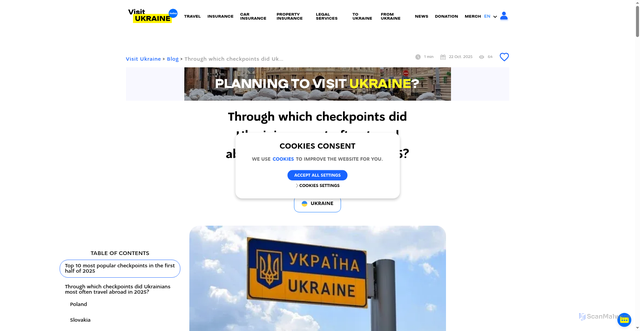 Security scan screenshot of https://visitukraine.today/blog/7128/through-which-checkpoints-did-ukrainians-most-often-travel-abroad-in-the-first-half-of-2025