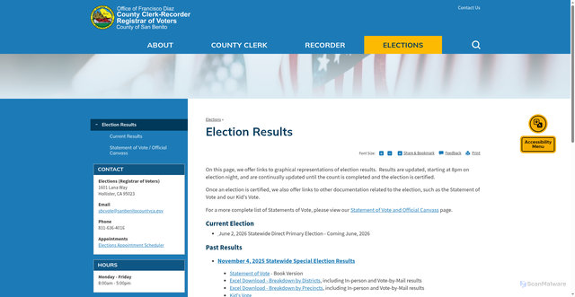 Security scan screenshot of https://www.sanbenitocounty-ca-cre.gov/elections/election-results