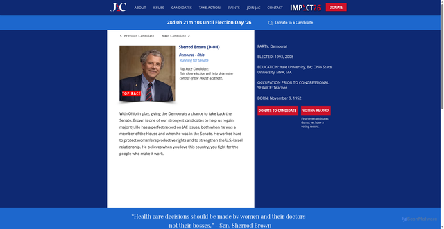 Security scan screenshot of https://www.jacpac.org/candidates/sherrod-brown