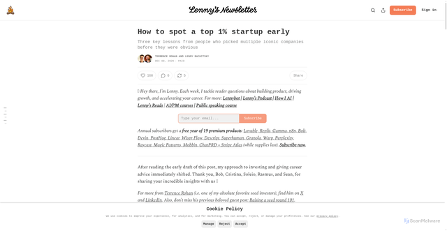 Security scan screenshot of https://www.lennysnewsletter.com/p/how-to-spot-a-top-1-startup-early