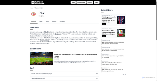 Security scan screenshot of https://www.footballaudit.com/teams/psv