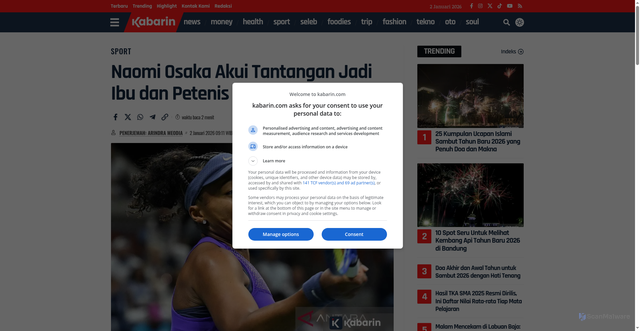 Security scan screenshot of https://www.kabarin.com/baca/29284/naomi-osaka-akui-tantangan-jadi-ibu-dan-petenis-profesional