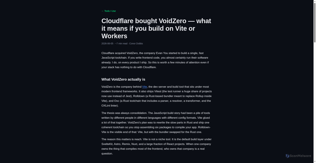 Security scan screenshot of https://tools-i-use.pages.dev/posts/cloudflare-acquires-voidzero-vite-workers