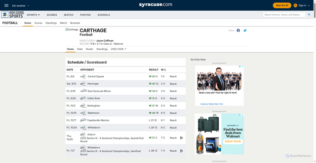 Security scan screenshot of https://highschoolsports.syracuse.com/school/carthage-carthage/football/season/2025-2026