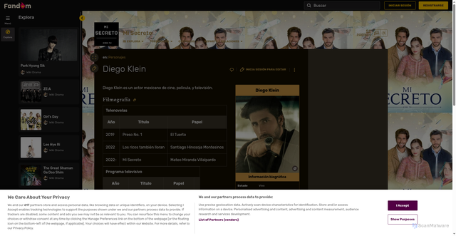 Security scan screenshot of https://mi-secreto-2022.fandom.com/es/wiki/Diego_Klein