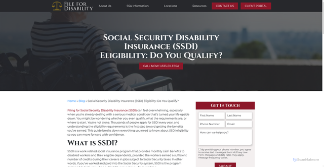 Security scan screenshot of https://filefordisability.com/social-security-disability-insurance-eligibility/
