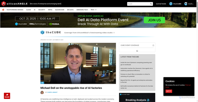 Security scan screenshot of https://siliconangle.com/2025/10/07/michael-dell-on-the-unstoppable-rise-of-ai-factories-aifactoriesdatacenters/
