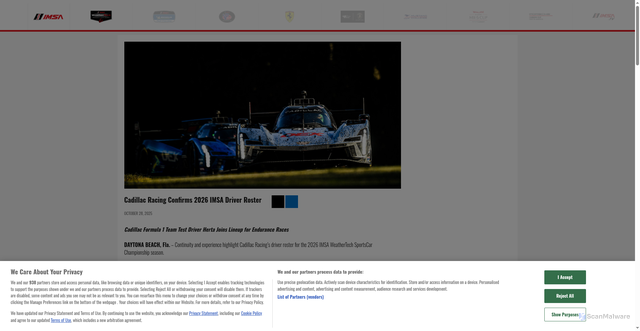 Security scan screenshot of https://www.imsa.com/news/2025/10/28/cadillac-racing-confirms-2026-imsa-driver-roster/