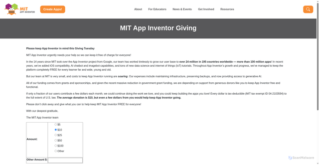 Security scan screenshot of https://giving.appinventor.mit.edu