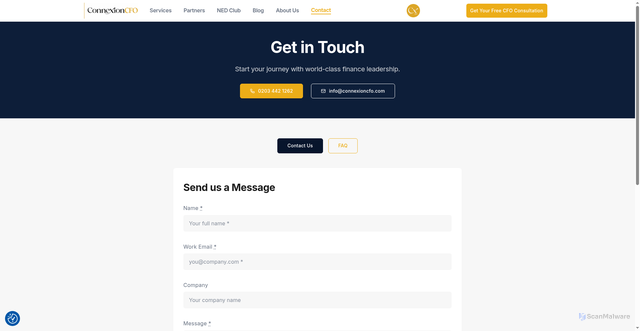 Security scan screenshot of https://connexioncfo.com/contact/