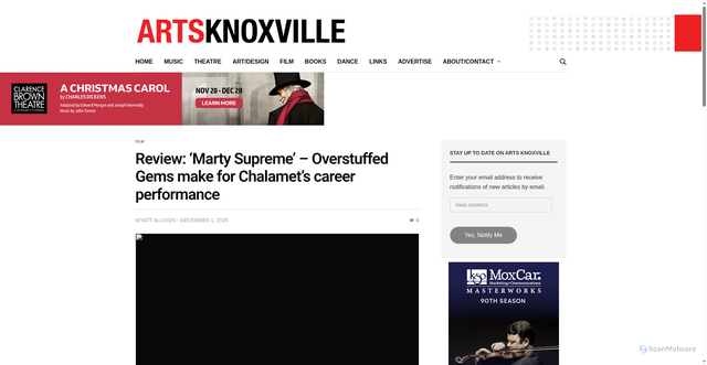 Security scan screenshot of https://artsknoxville.com/index.php/2025/12/01/review-marty-supreme-overstuffed-gems-makes-for-chalamets-career-performance/