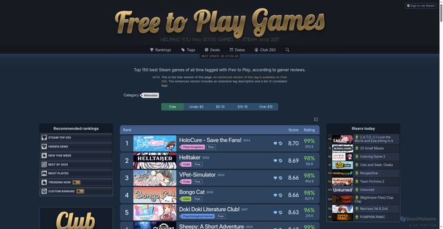 Security scan screenshot of https://steam250.com/tag/free_to_play