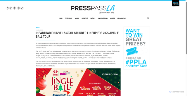 Security scan screenshot of https://www.presspassla.com/iheartradio-unveils-star-studded-lineup-for-2025-jingle-ball-tour/