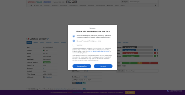 Security scan screenshot of https://www.ultimatetennisstatistics.com/playerProfile?playerId=32067