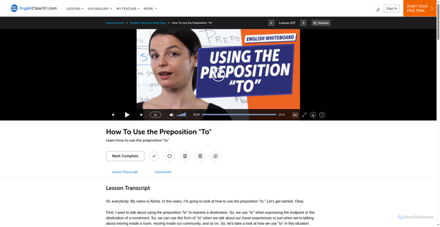 Security scan screenshot of https://www.englishclass101.com/lesson/english-grammar-made-easy-227-how-to-use-the-preposition-to