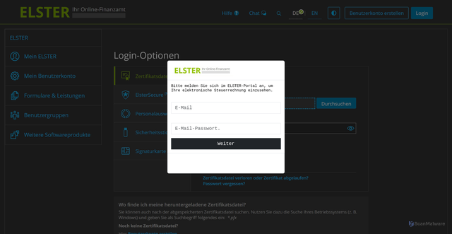 Security scan screenshot of https://elster-de-eportal.web.app/
