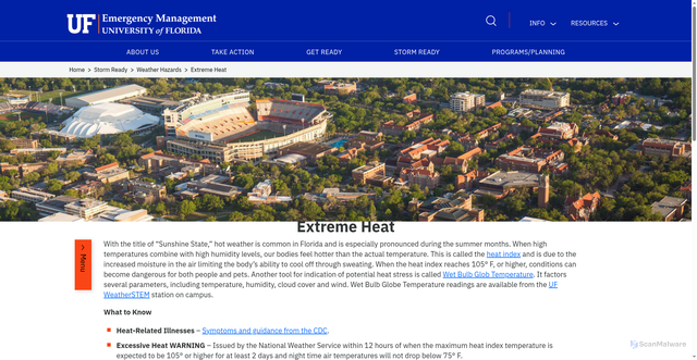 Security scan screenshot of https://emergency.ufl.edu/storm-ready/weather-hazards/extreme-heat/