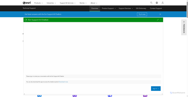 Security scan screenshot of https://support.esri.com
